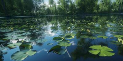 Green leaves on pond river lake landscaoe background view photo