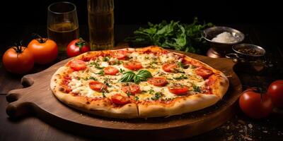 Fresh baked tasty pizza with meat and vegetables and herbs on dinner table. Meal food restaurant background scene photo