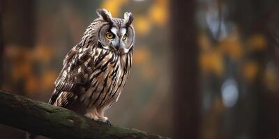 Owl bird sitting on a banch tree. Wil life nature outdoor forest background landscape scene photo