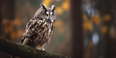 Owl bird sitting on a banch tree. Wil life nature outdoor forest background landscape scene photo