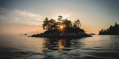 Island in the middle of the sea ocean lake with many trees. Relaxing sunset background scene view photo