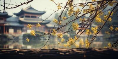 antiguo asiático japonés chino antiguo Clásico retro pueblo ciudad edificio templo con naturaleza árbol flores foto