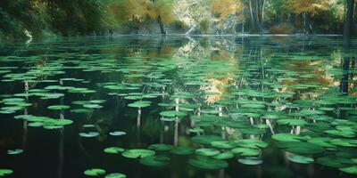 Green leaves on pond river lake landscaoe background view photo