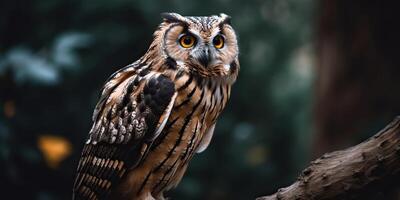 Owl bird sitting on a banch tree. Wil life nature outdoor forest background landscape scene photo