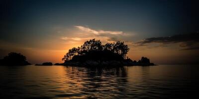Island in the middle of the sea ocean lake with many trees. Relaxing sunset background scene view photo