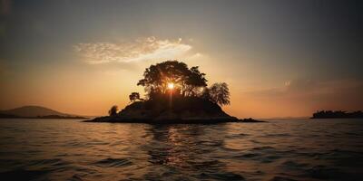 Island in the middle of the sea ocean lake with many trees. Relaxing sunset background scene view photo