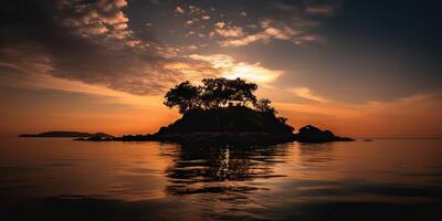 Island in the middle of the sea ocean lake with many trees. Relaxing sunset background scene view photo