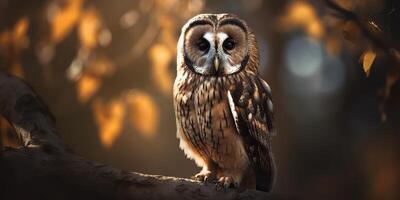 Owl bird sitting on a banch tree. Wil life nature outdoor forest background landscape scene photo