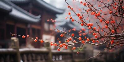 Ancient asian japanese chinese old vintage retro town city building temple with nature tree flowers photo