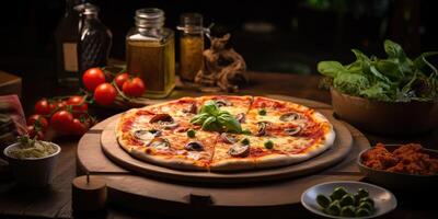 Fresh baked tasty pizza with meat and vegetables and herbs on dinner table. Meal food restaurant background scene photo