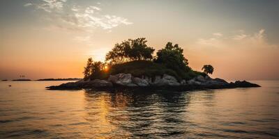 Island in the middle of the sea ocean lake with many trees. Relaxing sunset background scene view photo