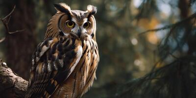 Owl bird sitting on a banch tree. Wil life nature outdoor forest background landscape scene photo