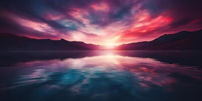 Nature outdoor sunset over lake sea with mountains hills landscape bacgkround, Pink blur out of focus view photo