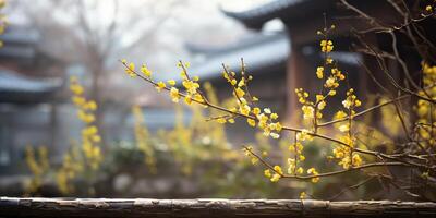 antiguo asiático japonés chino antiguo Clásico retro pueblo ciudad edificio templo con naturaleza árbol flores foto