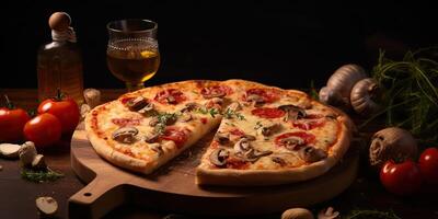 Fresh baked tasty pizza with meat and vegetables and herbs on dinner table. Meal food restaurant background scene photo