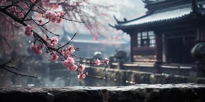 Ancient asian japanese chinese old vintage retro town city building temple with nature tree flowers photo