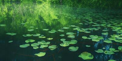 Green leaves on pond river lake landscaoe background view photo