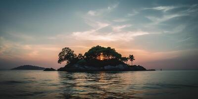 Island in the middle of the sea ocean lake with many trees. Relaxing sunset background scene view photo
