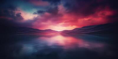 Nature outdoor sunset over lake sea with mountains hills landscape bacgkround, Pink blur out of focus view photo