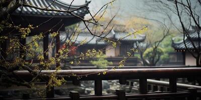 antiguo asiático japonés chino antiguo Clásico retro pueblo ciudad edificio templo con naturaleza árbol flores foto