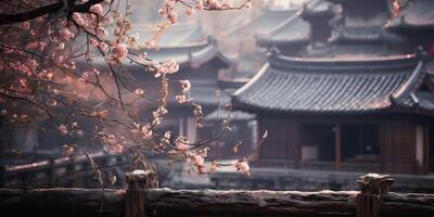 antiguo asiático japonés chino antiguo Clásico retro pueblo ciudad edificio templo con naturaleza árbol flores foto