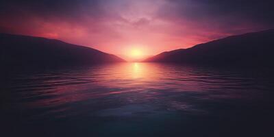 Nature outdoor sunset over lake sea with mountains hills landscape bacgkround, Pink blur out of focus view photo