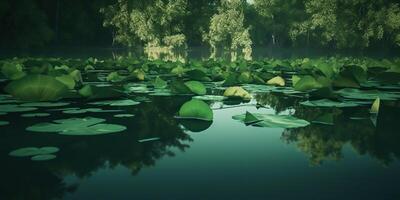 Green leaves on pond river lake landscaoe background view photo