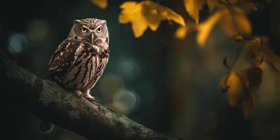 Owl bird sitting on a banch tree. Wil life nature outdoor forest background landscape scene photo