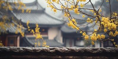 antiguo asiático japonés chino antiguo Clásico retro pueblo ciudad edificio templo con naturaleza árbol flores foto