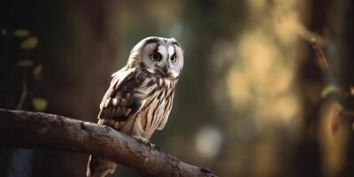 Owl bird sitting on a banch tree. Wil life nature outdoor forest background landscape scene photo