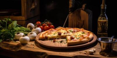 Fresh baked tasty pizza with meat and vegetables and herbs on dinner table. Meal food restaurant background scene photo