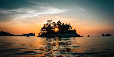 Island in the middle of the sea ocean lake with many trees. Relaxing sunset background scene view photo