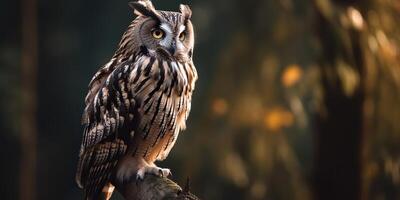 Owl bird sitting on a banch tree. Wil life nature outdoor forest background landscape scene photo