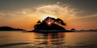 Island in the middle of the sea ocean lake with many trees. Relaxing sunset background scene view photo