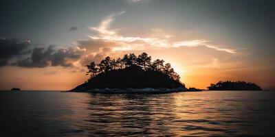 Island in the middle of the sea ocean lake with many trees. Relaxing sunset background scene view photo