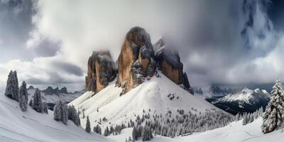 Cloud day rock hill mountain rock peak with snow at winter. Adventure expedition travel hiking scene view photo