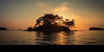 Island in the middle of the sea ocean lake with many trees. Relaxing sunset background scene view photo