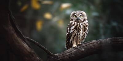 Owl bird sitting on a banch tree. Wil life nature outdoor forest background landscape scene photo