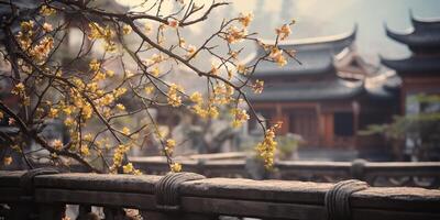 Ancient asian japanese chinese old vintage retro town city building temple with nature tree flowers photo