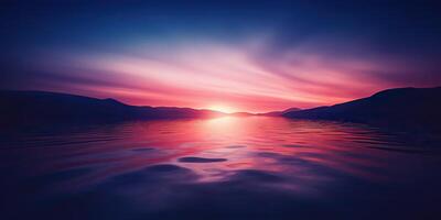 Nature outdoor sunset over lake sea with mountains hills landscape bacgkround, Pink blur out of focus view photo