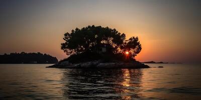 Island in the middle of the sea ocean lake with many trees. Relaxing sunset background scene view photo