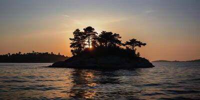 Island in the middle of the sea ocean lake with many trees. Relaxing sunset background scene view photo