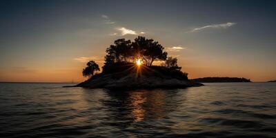 Island in the middle of the sea ocean lake with many trees. Relaxing sunset background scene view photo
