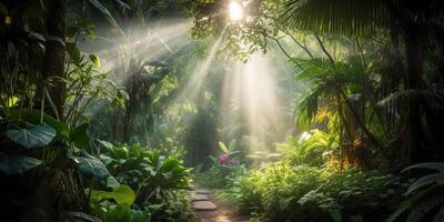 tropical lluvia selva profundo bosque con beab rayo ligero brillante. naturaleza al aire libre aventuras ambiente escena antecedentes ver foto