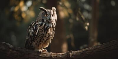 Owl bird sitting on a banch tree. Wil life nature outdoor forest background landscape scene photo