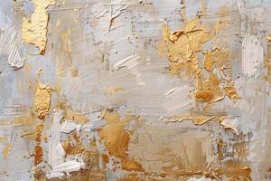 Canvas with golden and white oil paint smears. Textured background. photo