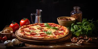 Fresh baked tasty pizza with meat and vegetables and herbs on dinner table. Meal food restaurant background scene photo