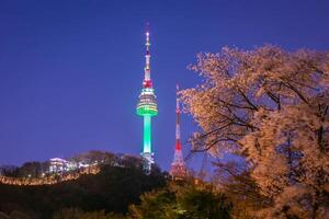 Spring and Namsan Mountain and cherry trees in Seoul, South Korea. photo