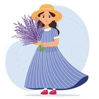 Girl in straw hat with bouquet of lavender on abstract background vector