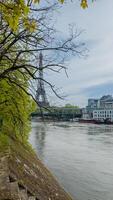 Springtime view of the Eiffel Tower with budding trees along the Seine River in Paris, France, captured on April 14th, 2024, ideal for travel and seasonal themes photo